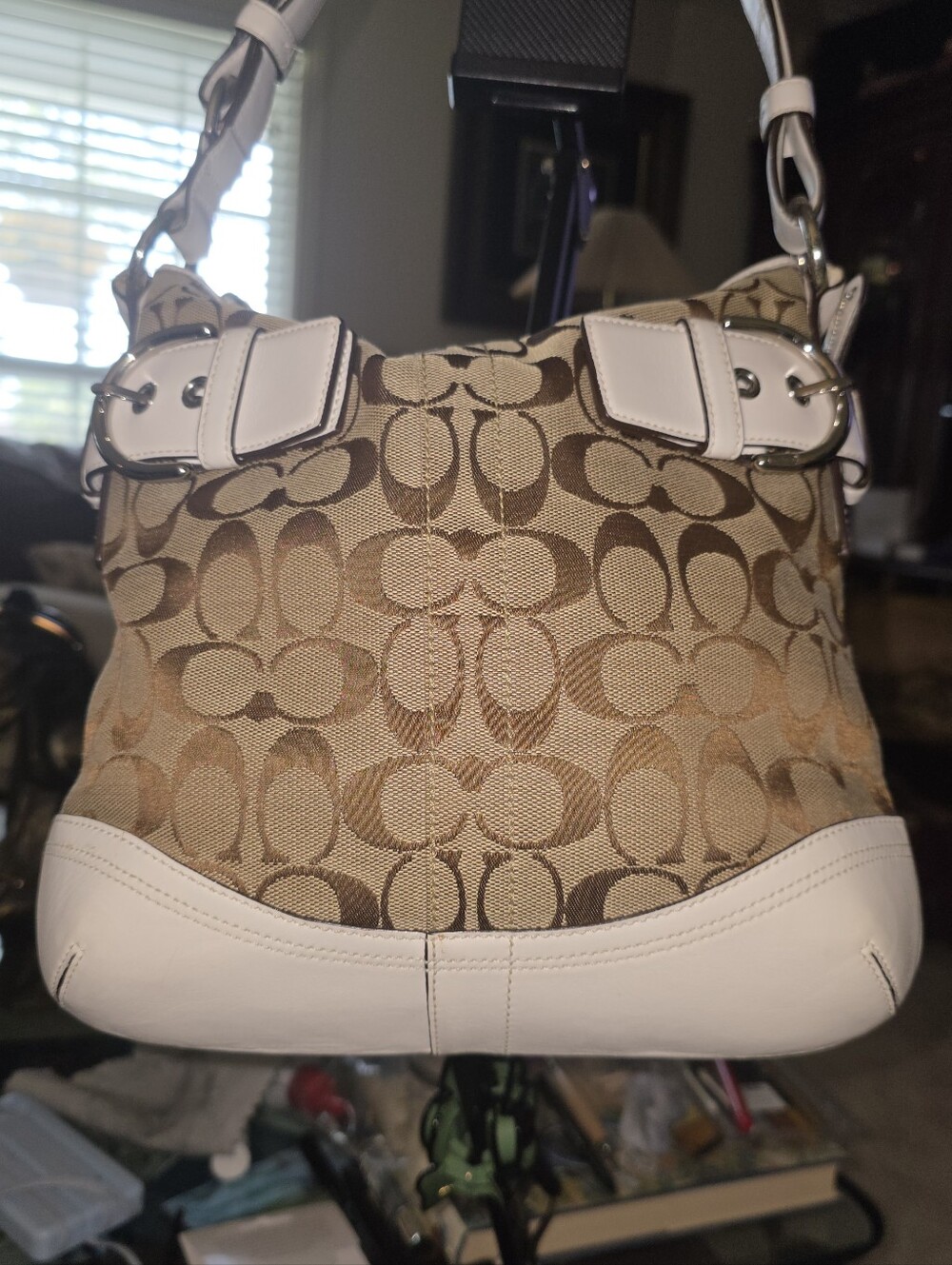 Coach Tan Signature Canvas Shoulder Bag White Leather Trim and Buckle design